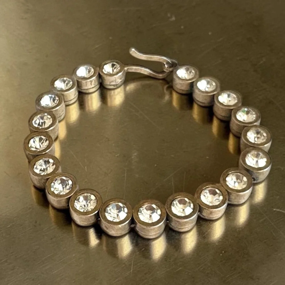 Brass Bezel Set‎ Clear Crystal Round Tennis Bracelet Hook Closure